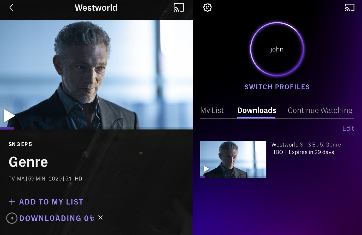 Download shows or movies to watch offline